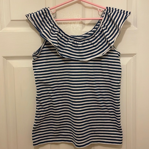 Navy and white striped on or off the shoulder cotton top - Picture 1 of 4